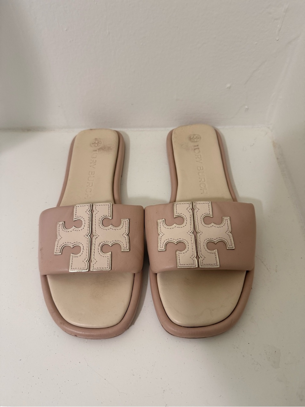 Tory Burch Pink and Cream Slide Sandals